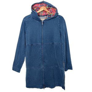 J Jill Indigo Pure Jill Small Jacket Sweatshirt Knit Hoodie Midi Blue Zip Plaid